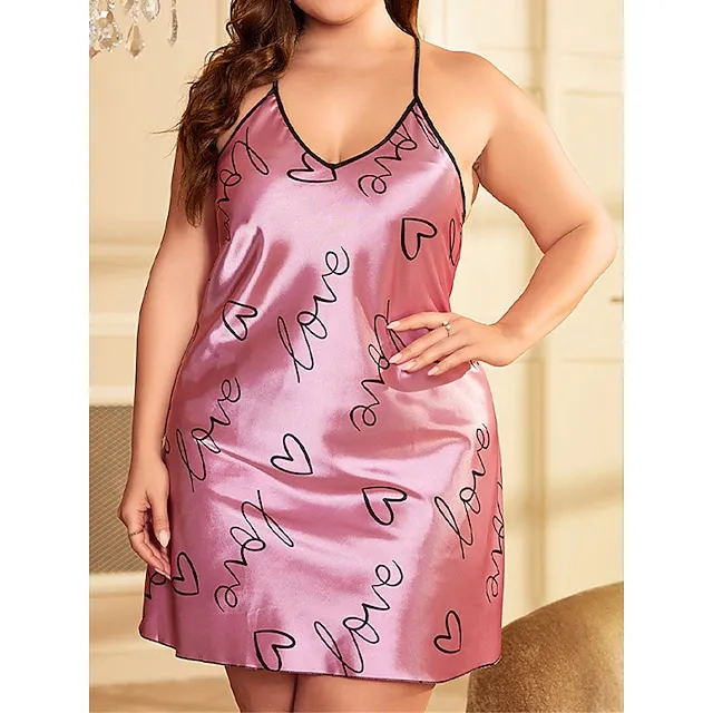 Women’s Plus Size Pajamas Nightgown Nightshirt Dress Heart Letter Fashion Lovers Comfort Home Daily Bed Satin Breathable Straps Sleeveless Backless Summer Spring Silver Pink c8b6569a76ac7b697af964b18d716b01
