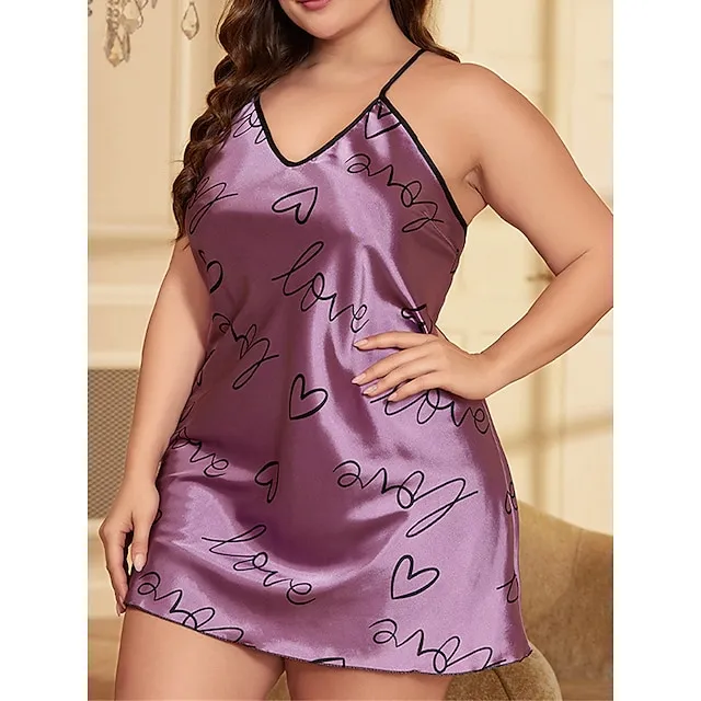 Women’s Plus Size Pajamas Nightgown Nightshirt Dress Heart Letter Fashion Lovers Comfort Home Daily Bed Satin Breathable Straps Sleeveless Backless Summer Spring Silver Pink f9bd5058225a715295e7331b574be441