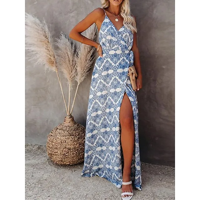Women’s Casual Dress Wrap Dress Geometric Color Block Backless Split Strap Long Dress Maxi Dress Bohemia Streetwear Street Holiday Sleeveless Regular Fit Blue Summer S M L XL 4f37d8e3d4c19133031fe16f54952bfd