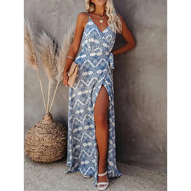 Women's Casual Dress Wrap Dress Geometric Color Block Backless Split Strap Long Dress Maxi Dress Bohemia Streetwear Street Holiday Sleeveless Regular Fit Blue Summer S M L XL 536313b26f014d27f42f0b31ca03d627