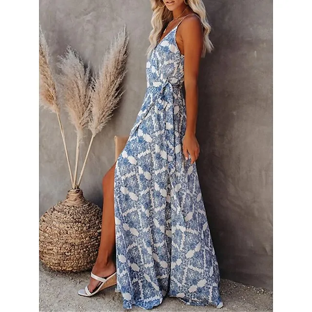 Women’s Casual Dress Wrap Dress Geometric Color Block Backless Split Strap Long Dress Maxi Dress Bohemia Streetwear Street Holiday Sleeveless Regular Fit Blue Summer S M L XL 579ef4eec513ca139206762c6bc10ba4
