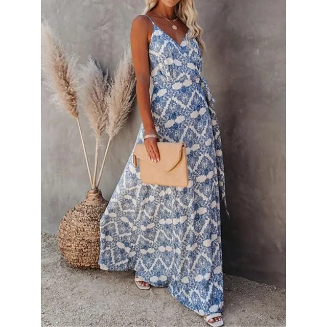 Women’s Casual Dress Wrap Dress Geometric Color Block Backless Split Strap Long Dress Maxi Dress Bohemia Streetwear Street Holiday Sleeveless Regular Fit Blue Summer S M L XL 817888a10acdc950a532f1cc095f0a42