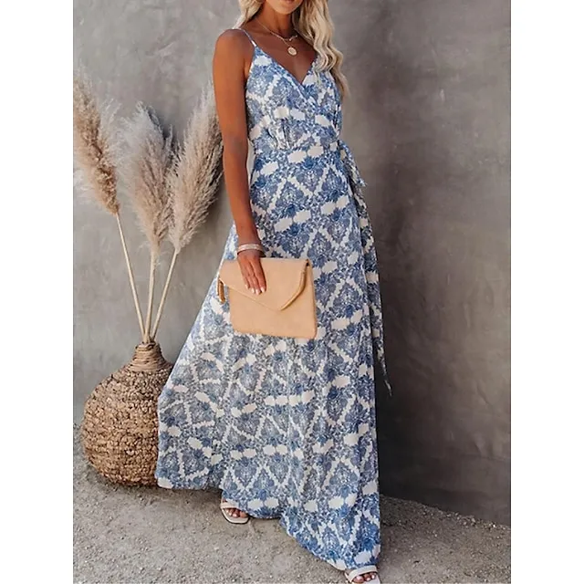 Women’s Casual Dress Wrap Dress Geometric Color Block Backless Split Strap Long Dress Maxi Dress Bohemia Streetwear Street Holiday Sleeveless Regular Fit Blue Summer S M L XL c6db9dc02ed53816adfa6ae5418a2729