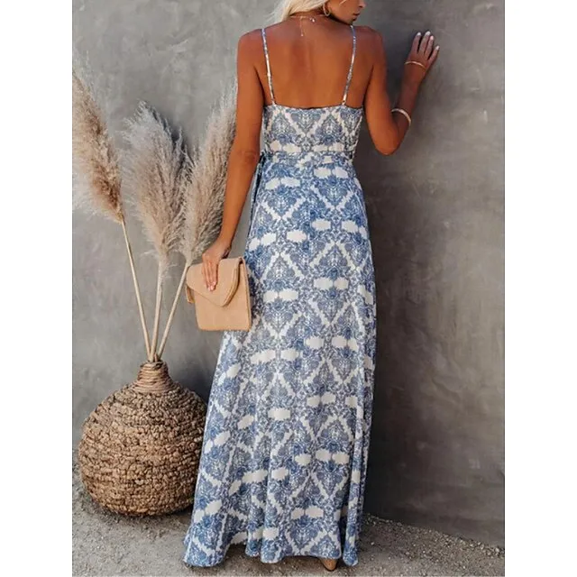 Women’s Casual Dress Wrap Dress Geometric Color Block Backless Split Strap Long Dress Maxi Dress Bohemia Streetwear Street Holiday Sleeveless Regular Fit Blue Summer S M L XL ec8954c403a0e0907962f0aad024462a