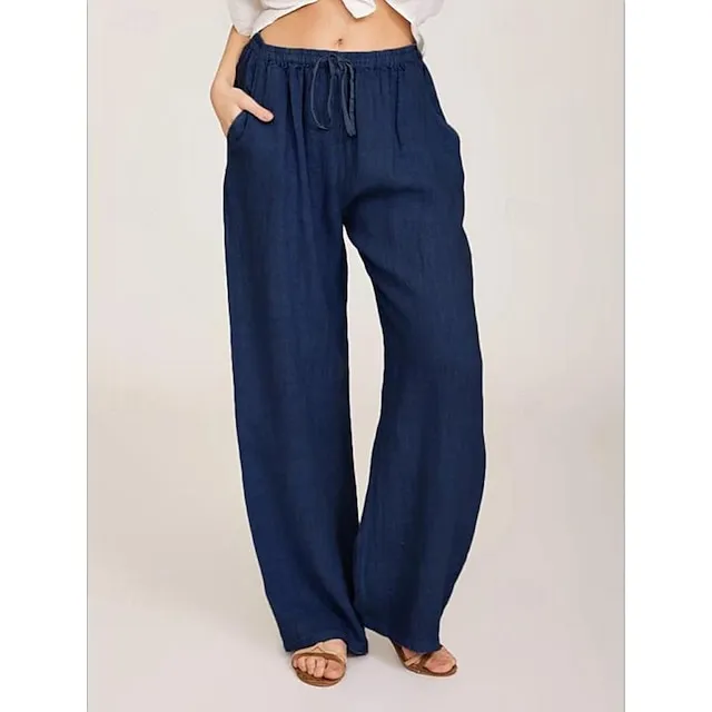 Women’s Wide Leg Pants Trousers Linen Cotton Blend Plain Side Pockets Wide Leg Full Length Casual Daily Going out Weekend Black White S M Spring & Summer 1dd74006646d19d37120c00c6454bed6