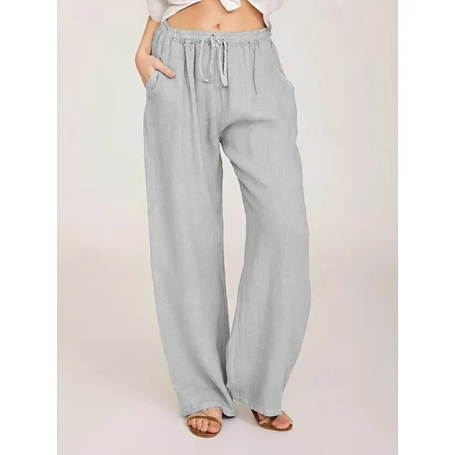 Women's Wide Leg Pants Trousers Linen Cotton Blend Plain Side Pockets Wide Leg Full Length Casual Daily Going out Weekend Black White S M Spring & Summer 2dd03346ede67dad32892fb0c10918ca