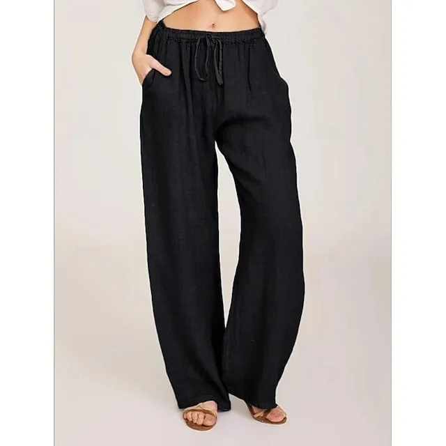Women’s Wide Leg Pants Trousers Linen Cotton Blend Plain Side Pockets Wide Leg Full Length Casual Daily Going out Weekend Black White S M Spring & Summer 7217cfbe46450b4e928a33e4a29bffc4