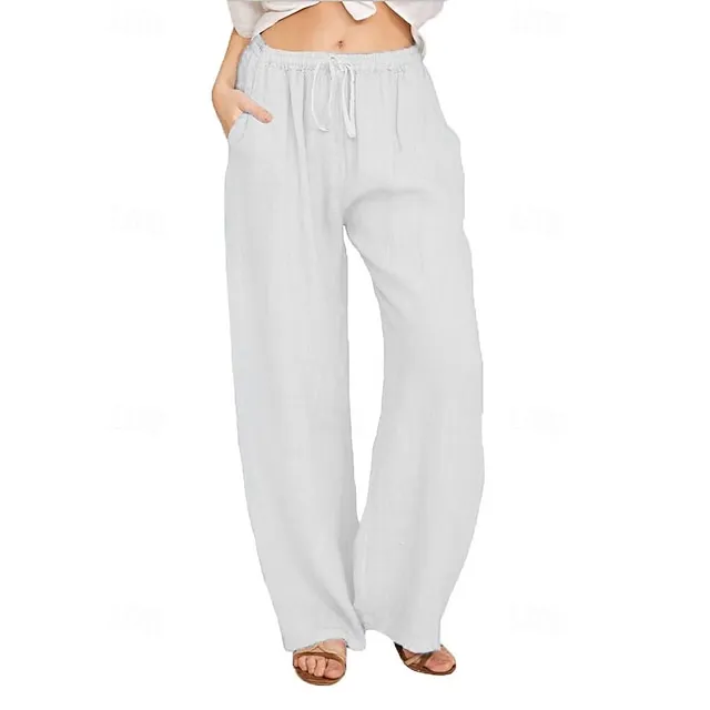 Women’s Wide Leg Pants Trousers Linen Cotton Blend Plain Side Pockets Wide Leg Full Length Casual Daily Going out Weekend Black White S M Spring & Summer 8523a524f44c23d37bcd51fab5f8bb22