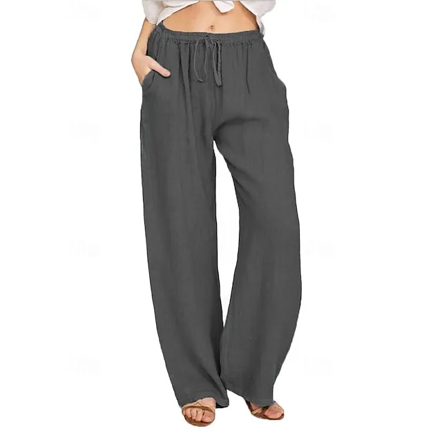 Women’s Wide Leg Pants Trousers Linen Cotton Blend Plain Side Pockets Wide Leg Full Length Casual Daily Going out Weekend Black White S M Spring & Summer af2ada579a66d9c68bd1852c43550d16