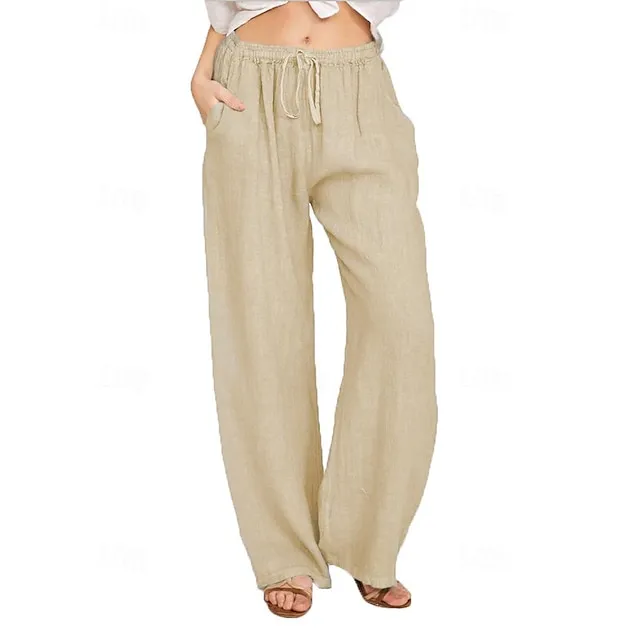 Women’s Wide Leg Pants Trousers Linen Cotton Blend Plain Side Pockets Wide Leg Full Length Casual Daily Going out Weekend Black White S M Spring & Summer c01b3c4520826f7dc90eeaeedba71252