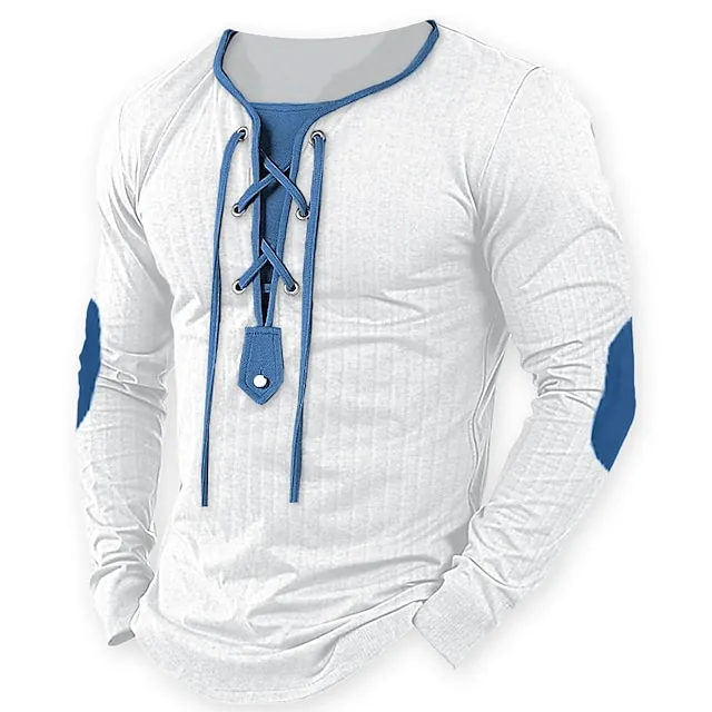 Men’s T shirt Tee Ribbed Knit tee Tee Top Long Sleeve Shirt Color Block Collar Street Vacation Long Sleeve Patchwork Drawstring Clothing Apparel Fashion Designer Basic 161d2fa598fc048f371e0bfd169b913c