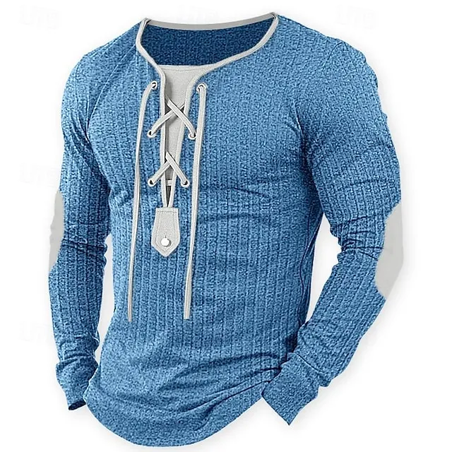 Men's T shirt Tee Ribbed Knit tee Tee Top Long Sleeve Shirt Color Block Collar Street Vacation Long Sleeve Patchwork Drawstring Clothing Apparel Fashion Designer Basic 53df2f83e8074d77e0398d3f2993ce16
