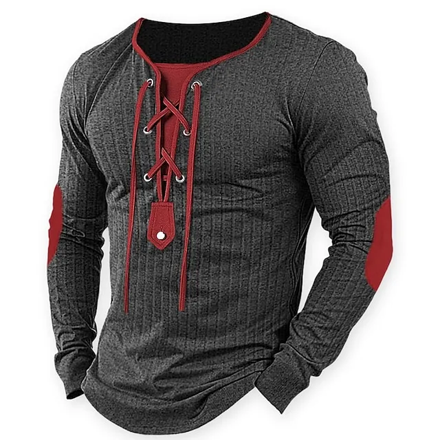 Men’s T shirt Tee Ribbed Knit tee Tee Top Long Sleeve Shirt Color Block Collar Street Vacation Long Sleeve Patchwork Drawstring Clothing Apparel Fashion Designer Basic c86e180290798061d163303c885dc569