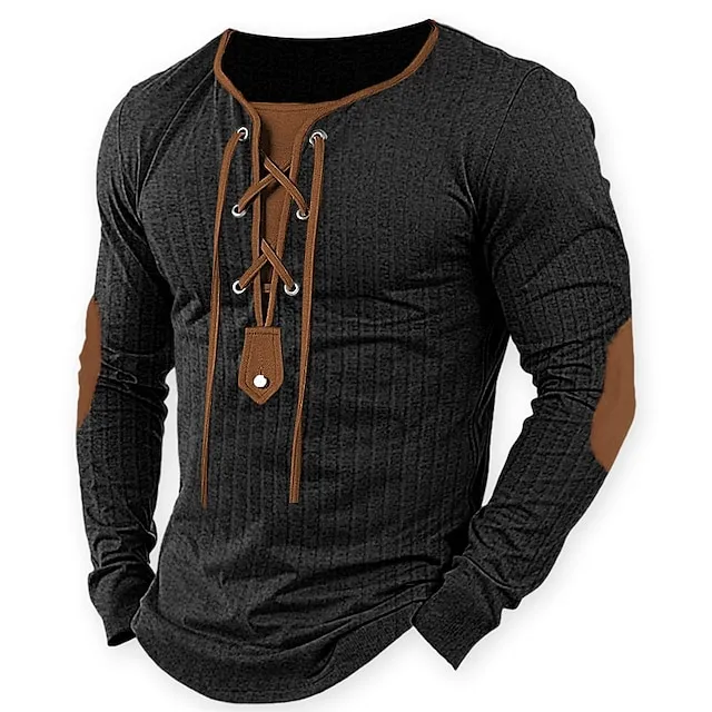Men’s T shirt Tee Ribbed Knit tee Tee Top Long Sleeve Shirt Color Block Collar Street Vacation Long Sleeve Patchwork Drawstring Clothing Apparel Fashion Designer Basic ed98e1a308a522e8803e1027ad6a0e20
