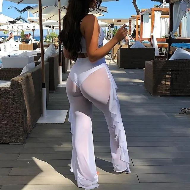 Women's Swimwear Cover Up Swim Shorts Normal Swimsuit Ruffle Transparent Solid Color Active Vacation Bathing Suits 43346939f9821a929a1f865d79095970