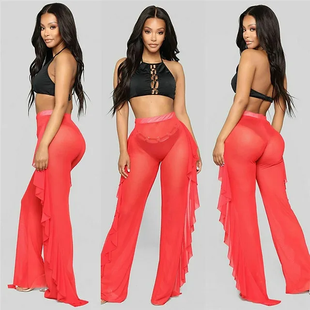 Women’s Swimwear Cover Up Swim Shorts Normal Swimsuit Ruffle Transparent Solid Color Active Vacation Bathing Suits 7d0e5bd887f5448493912265410075d4
