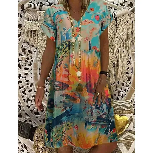 Women’s Casual Dress Midi Dress Red Blue Orange Short Sleeve Tie Dye Print Summer Spring V Neck Elegant Loose Fit 2023 S M L XL XXL 3XL 333df14e81b0896b695e36980a4ccdd0