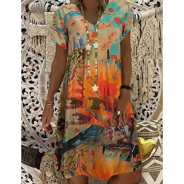 Women's Casual Dress Midi Dress Red Blue Orange Short Sleeve Tie Dye Print Summer Spring V Neck Elegant Loose Fit 2023 S M L XL XXL 3XL 3a4113aa67efff08cfd6d121c4539893
