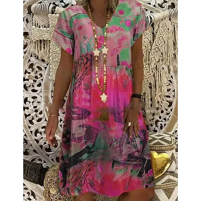 Women’s Casual Dress Midi Dress Red Blue Orange Short Sleeve Tie Dye Print Summer Spring V Neck Elegant Loose Fit 2023 S M L XL XXL 3XL a5b65d4f3fea3f6f4c2d842d01c18038
