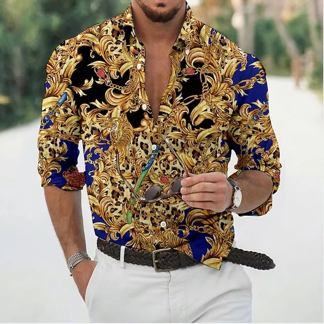 Men's Shirt Graphic Shirt Graphic Floral Turndown Blue 3D Print Daily Holiday Long Sleeve 3D Print Button-Down Clothing Apparel Fashion Designer Vintage Casual 7d3aa98aedf9f3875b62e7098c520fcc
