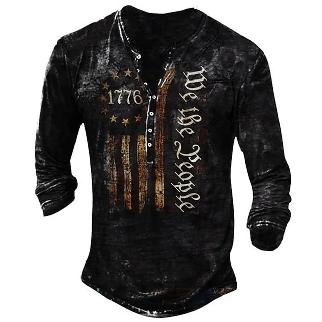 Men's T shirt Tee Henley Shirt Tee Basic Classic Casual Shirt Graphic American Flag 1776 Long Sleeve Shirt Black Red Navy Blue Street Casual Daily Henley Spring & Fall Clothing Apparel Plus Size S M 35e7dfea42470eb2e4cccf1bcc3d5f57