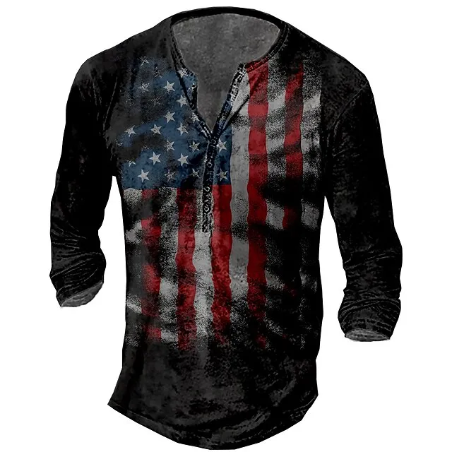 Men’s T shirt Tee Henley Shirt Tee Basic Classic Casual Shirt Graphic American Flag 1776 Long Sleeve Shirt Black Red Navy Blue Street Casual Daily Henley Spring & Fall Clothing Apparel Plus Size S M 78369876ebfde295310dd7071e264476