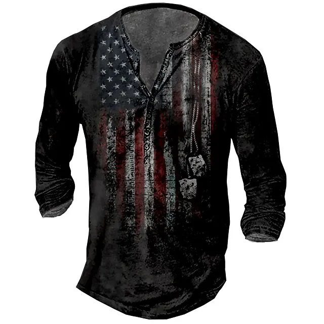 Men’s T shirt Tee Henley Shirt Tee Basic Classic Casual Shirt Graphic American Flag 1776 Long Sleeve Shirt Black Red Navy Blue Street Casual Daily Henley Spring & Fall Clothing Apparel Plus Size S M bb318665800a5baeb950759bb99d345d