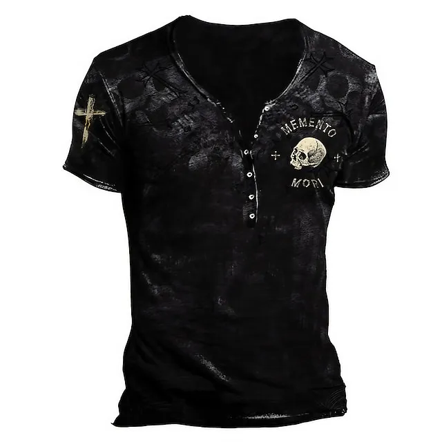 Men's T shirt Tee Henley Shirt Skull Graphic Prints Henley Black Army Green Brown Khaki 3D Print Outdoor Casual Short Sleeve Button-Down Print Clothing Apparel Stylish Lightweight Vintage Breathable 27e3fd4c2eb77cae18748af3707c6bbe