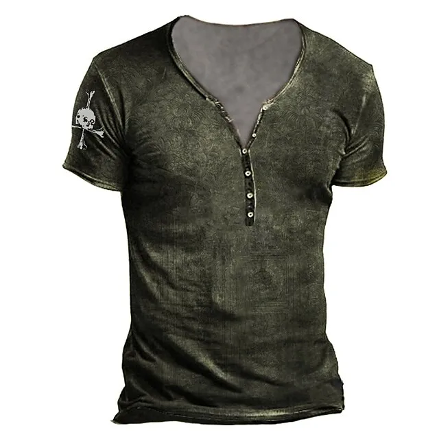 Men’s T shirt Tee Henley Shirt Skull Graphic Prints Henley Black Army Green Brown Khaki 3D Print Outdoor Casual Short Sleeve Button-Down Print Clothing Apparel Stylish Lightweight Vintage Breathable 40dc7041018783c09bda47df300706a3