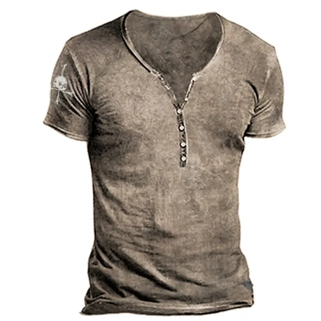 Men’s T shirt Tee Henley Shirt Skull Graphic Prints Henley Black Army Green Brown Khaki 3D Print Outdoor Casual Short Sleeve Button-Down Print Clothing Apparel Stylish Lightweight Vintage Breathable 7c0d5e99e5201461c14fd10aea44532b