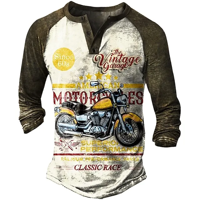 T shirt Tee Henley Shirt Graphic Prints Motorcycle Henley Clothing Apparel Outdoor Casual Long Sleeve Button-Down Print Stylish Lightweight Vintage Sixties Grey And White 01c4a9a3bb543abe8f1a2345ae70f4b4