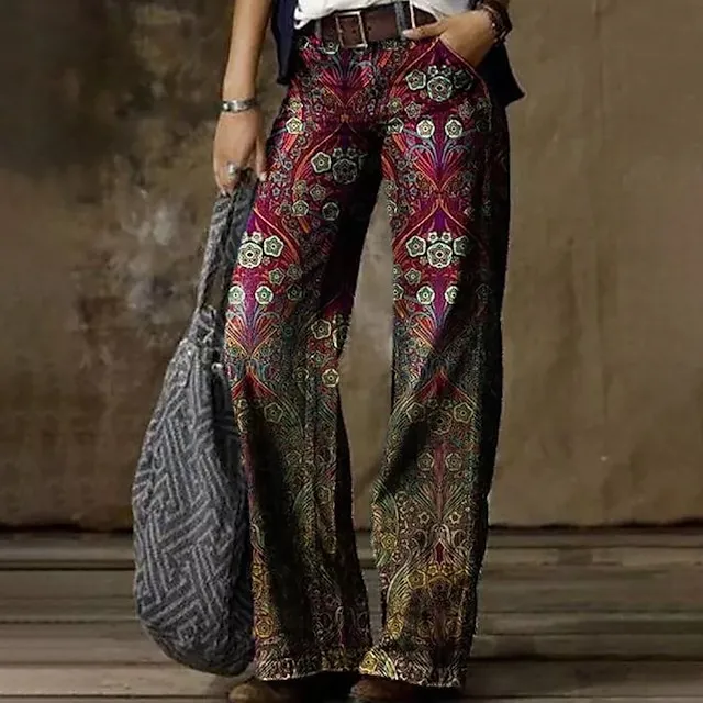 Women's Wide Leg Pants Print Casual High Full Length Fall Winter White Blue Gray L XL XXL 3XL 4XL / Cotton Blend 2331a086c528a9d8776b1b6af25fc8f3
