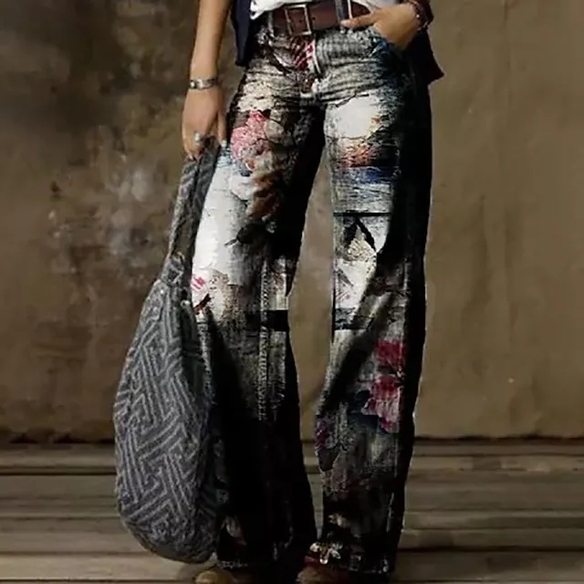 Women’s Wide Leg Pants Print Casual High Full Length Fall Winter White Blue Gray L XL XXL 3XL 4XL / Cotton Blend 68e13a20eab8220f37ff231311df621c