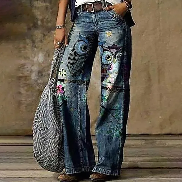 Women’s Wide Leg Pants Print Casual High Full Length Fall Winter White Blue Gray L XL XXL 3XL 4XL / Cotton Blend d911dff74964a20d2c13d4ed66fd6490