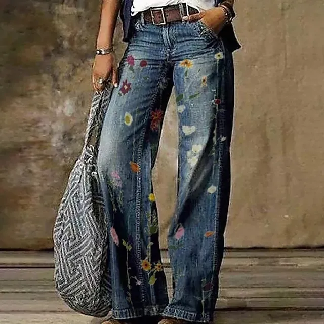 Women’s Wide Leg Pants Print Casual High Full Length Fall Winter White Blue Gray L XL XXL 3XL 4XL / Cotton Blend e0c1eed6702e4be8d9bbea7c78cf5c19