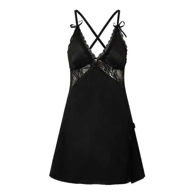 Women’s Pajamas Nightgown Dress Pjs Patchwork Fashion Comfort Soft Home Christmas Daily Satin V Wire Sleeveless Hole Summer Spring Black Wine 472c78cd5438f25f6cca844d77b1565c