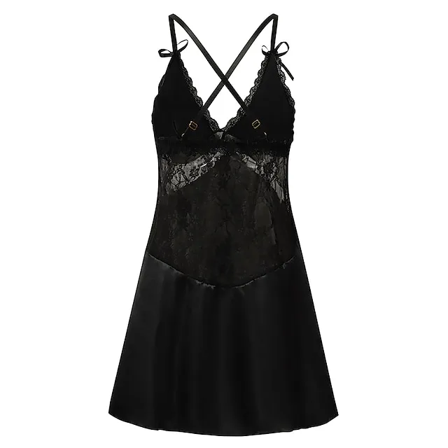 Women’s Pajamas Nightgown Dress Pjs Patchwork Fashion Comfort Soft Home Christmas Daily Satin V Wire Sleeveless Hole Summer Spring Black Wine cdf110fe5059dee35f66ee0a0c31efc2