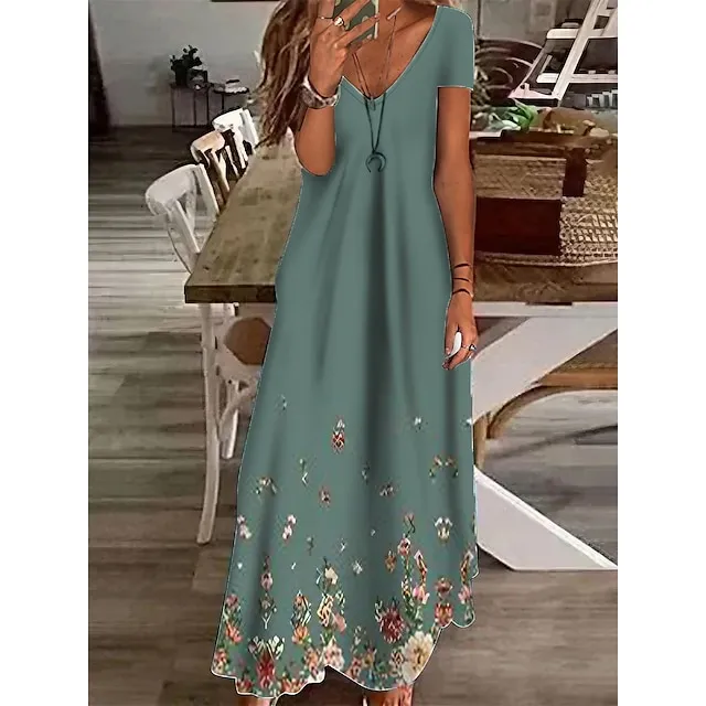 Women's Casual Dress Shift Dress Long Dress Maxi Dress Green Gray Short Sleeve Floral Pocket Summer Spring V Neck Vacation 2023 S M L XL XXL 3XL 885764bd8bb5d645abe3bcb69f50f9bd
