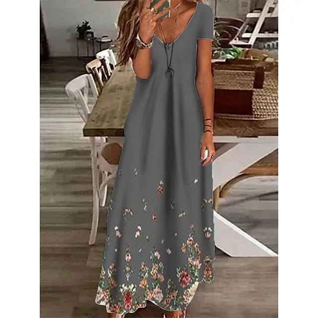 Women’s Casual Dress Shift Dress Long Dress Maxi Dress Green Gray Short Sleeve Floral Pocket Summer Spring V Neck Vacation 2023 S M L XL XXL 3XL 99db0b0f3ba31b548e6ecce489e4b056