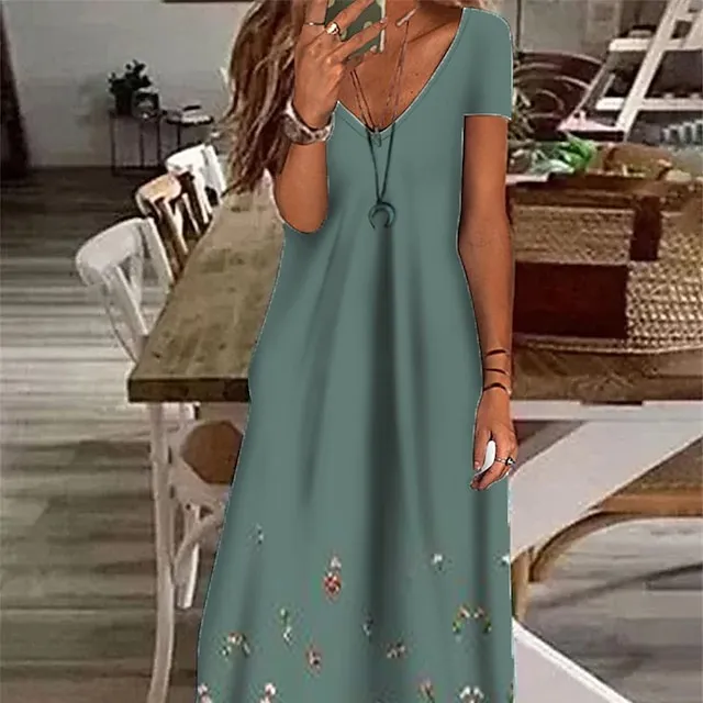 Women’s Casual Dress Shift Dress Long Dress Maxi Dress Green Gray Short Sleeve Floral Pocket Summer Spring V Neck Vacation 2023 S M L XL XXL 3XL ba1aa21380c3ef5471394fc617272505