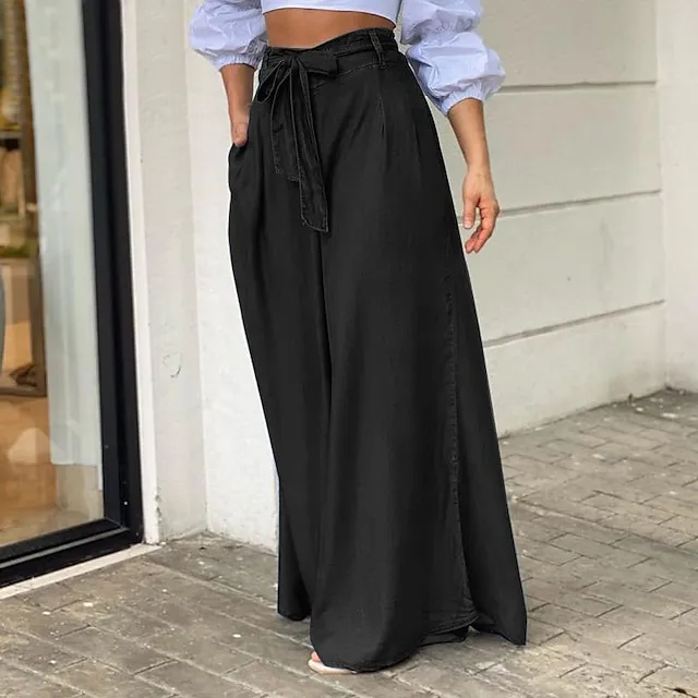 Women’s Culottes Wide Leg Chinos Full Length Denim Side Pockets Wide Leg Micro-elastic Mid Waist Fashion Party Casual Black Blue S M Summer Spring & Fall 48eca2e0f4b989c7042aa7d5f31f1df3