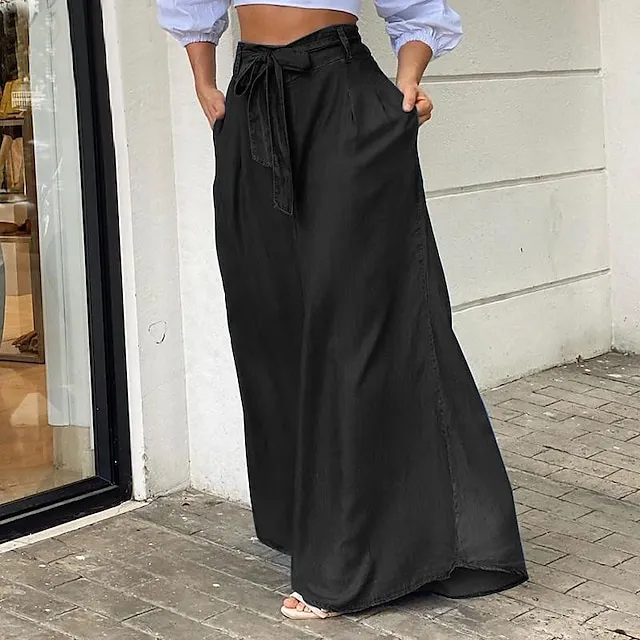 Women’s Culottes Wide Leg Chinos Full Length Denim Side Pockets Wide Leg Micro-elastic Mid Waist Fashion Party Casual Black Blue S M Summer Spring & Fall 77da03ece8101fdb3a0f7447acd270a9