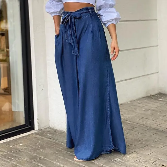 Women’s Culottes Wide Leg Chinos Full Length Denim Side Pockets Wide Leg Micro-elastic Mid Waist Fashion Party Casual Black Blue S M Summer Spring & Fall 82d7615024e7a019ab100d8c482aa57f