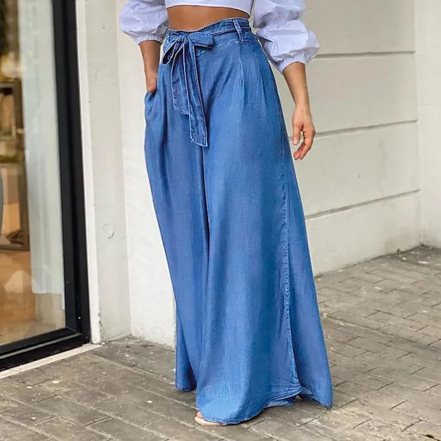 Women’s Culottes Wide Leg Chinos Full Length Denim Side Pockets Wide Leg Micro-elastic Mid Waist Fashion Party Casual Black Blue S M Summer Spring & Fall 9e1513a5095b039c003cfccb002310f6