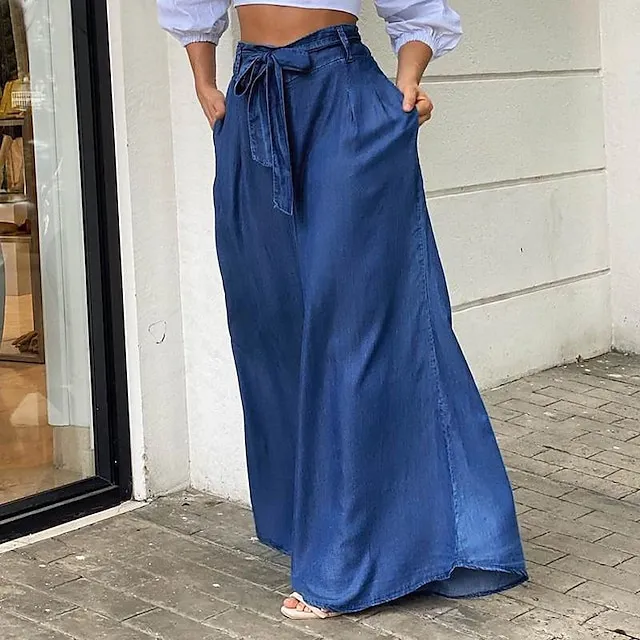 Women's Culottes Wide Leg Chinos Full Length Denim Side Pockets Wide Leg Micro-elastic Mid Waist Fashion Party Casual Black Blue S M Summer Spring & Fall fe8f3071be16bc50df6c46142c1f3ce8