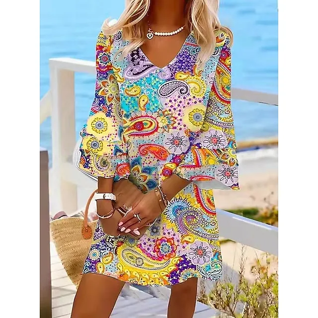 Women’s Casual Dress Ethnic Dress Shift Dress Mini Dress Rainbow 3/4 Length Sleeve Leaf Ruffle Summer Spring V Neck Fashion 2023 3XL 5f5f1cfd4e42314955c1e0c50c178861