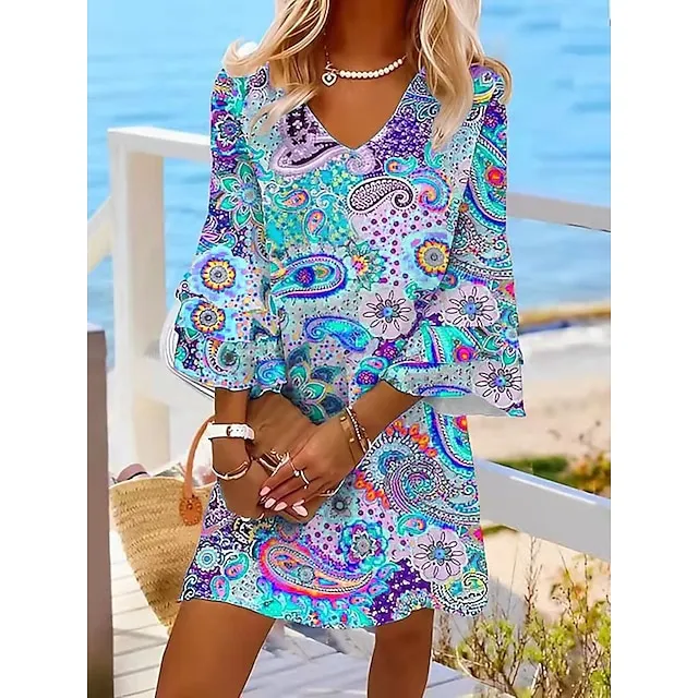 Women’s Casual Dress Ethnic Dress Shift Dress Mini Dress Rainbow 3/4 Length Sleeve Leaf Ruffle Summer Spring V Neck Fashion 2023 3XL 6e3c8617027dca7f69d2eb004ce2c867