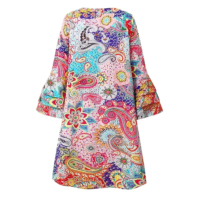 Women’s Casual Dress Ethnic Dress Shift Dress Mini Dress Rainbow 3/4 Length Sleeve Leaf Ruffle Summer Spring V Neck Fashion 2023 3XL 9128f13b250268098e2ce80923777d9e