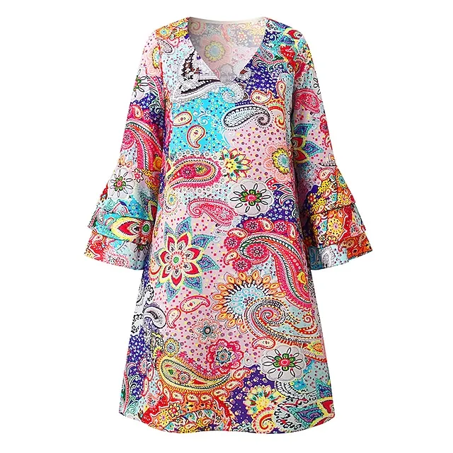 Women’s Casual Dress Ethnic Dress Shift Dress Mini Dress Rainbow 3/4 Length Sleeve Leaf Ruffle Summer Spring V Neck Fashion 2023 3XL 9c36631c518ef100773cd465a2950619