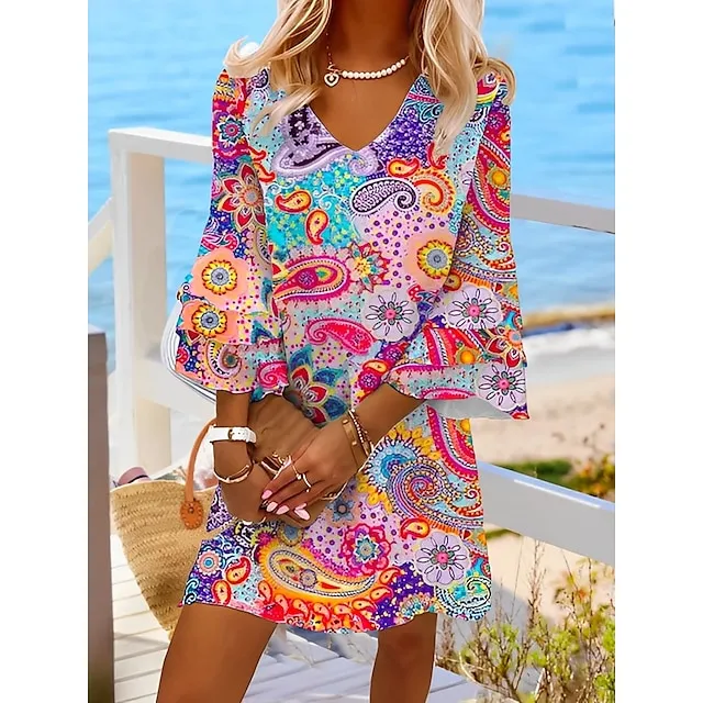 Women's Casual Dress Ethnic Dress Shift Dress Mini Dress Rainbow 3/4 Length Sleeve Leaf Ruffle Summer Spring V Neck Fashion 2023 3XL a2d16915c56d94b7a57285616c626461